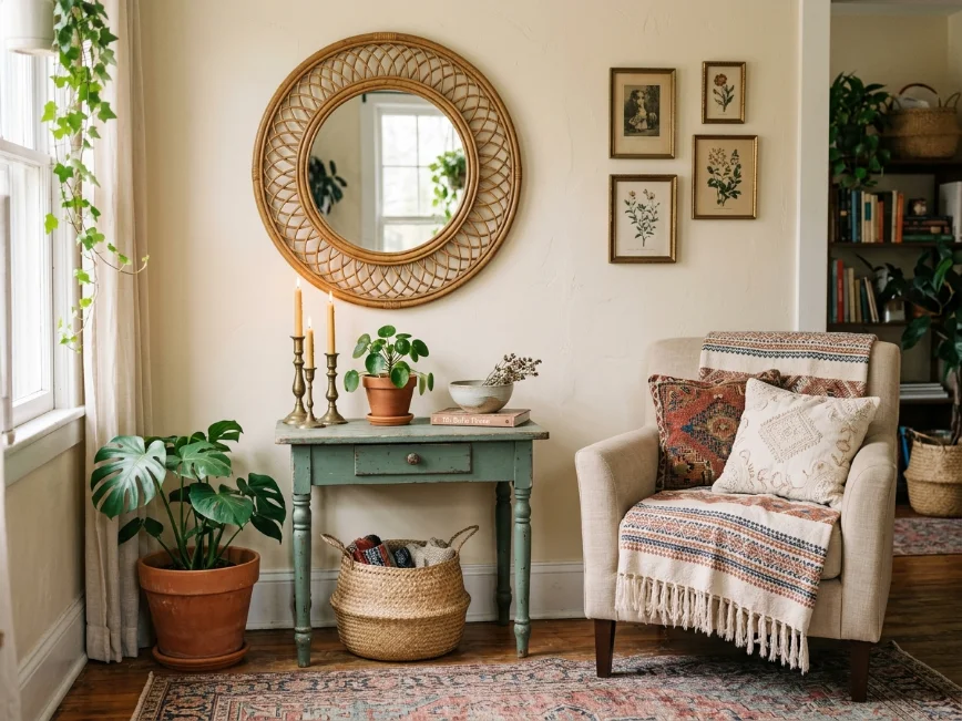 Secondhand boho decor pieces including vintage rattan, brass accents, and painted furniture.