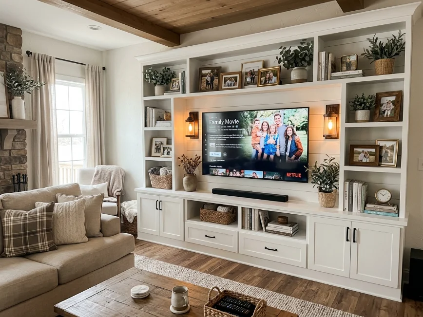 Floating television unit in compact family room