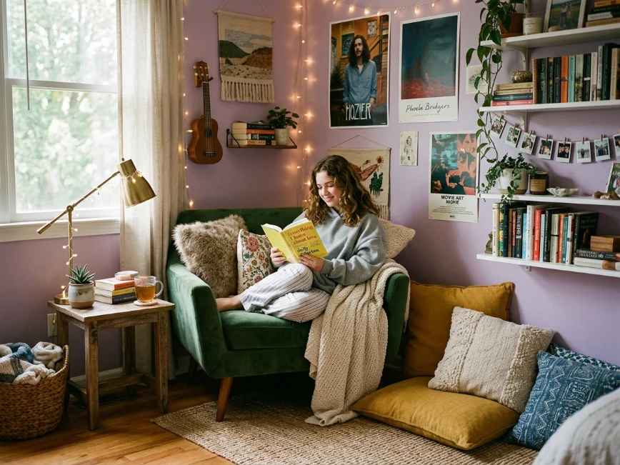 Cozy teen girl bedroom seating area with accent chair and comfortable reading corner.