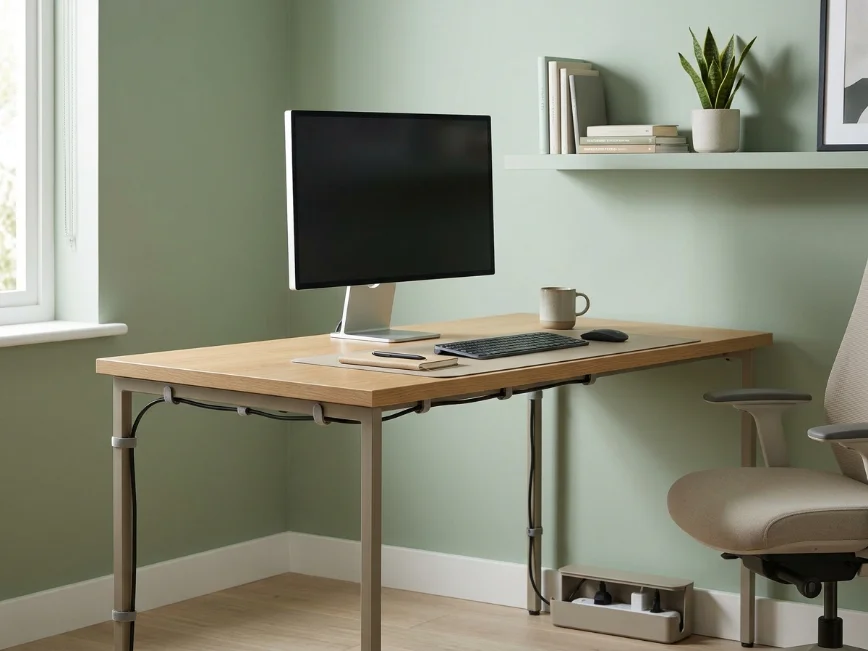 Organized home office with neat cable management and clutter-free desk.