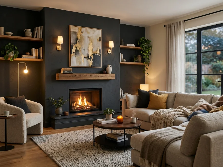 Living room featuring a dark charcoal accent wall and warm decor.
