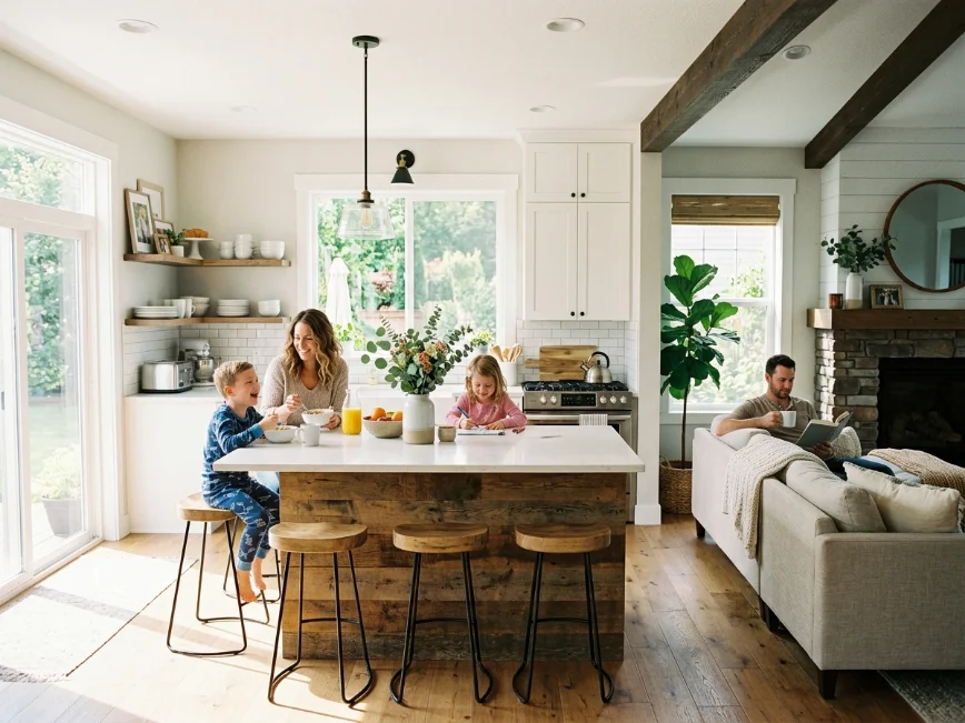 family seating area in open kitchen design