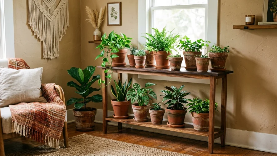 Grouped terracotta pots creating boho decor charm.