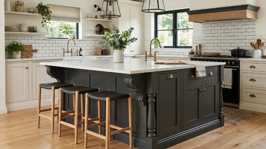Decorative corbels adding custom detail to a freestanding kitchen island