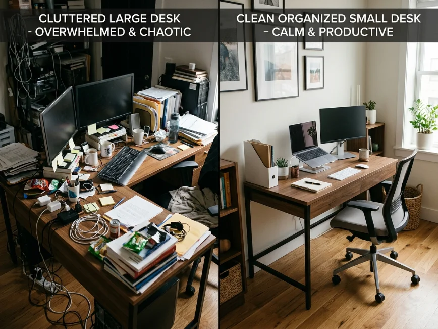Organized small desk compared to a cluttered oversized desk.