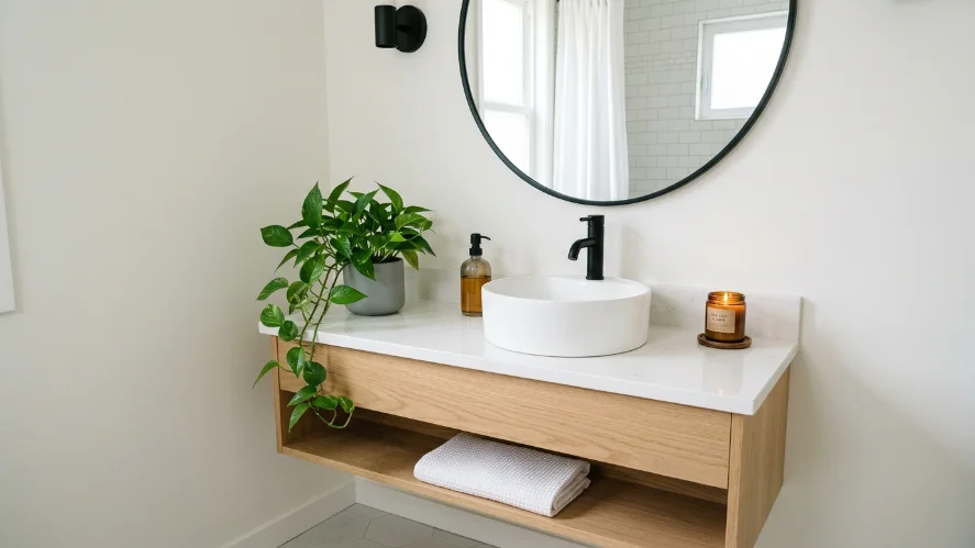 Minimal bathroom styling with plant and candle for a clean look.