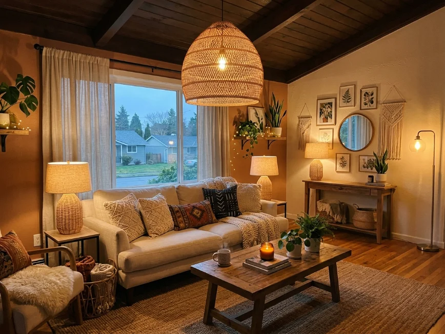 Warm layered boho lighting with woven fixtures and cozy ambient glow.