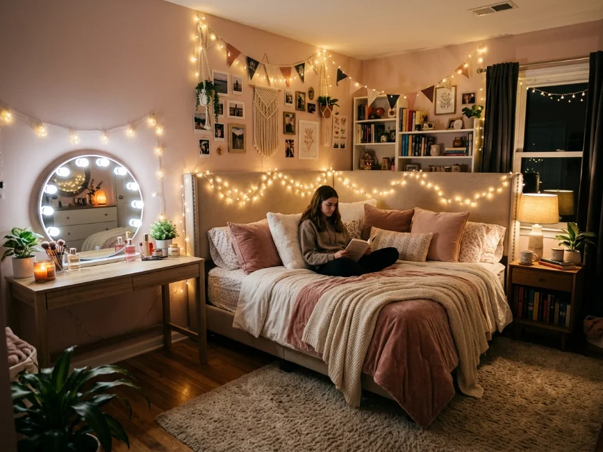 Teen girl bedroom with layered lighting including bedside lamps and decorative string lights.