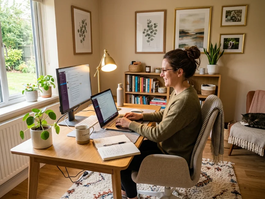 Comfortable and stylish home office with cozy personal decor touches.