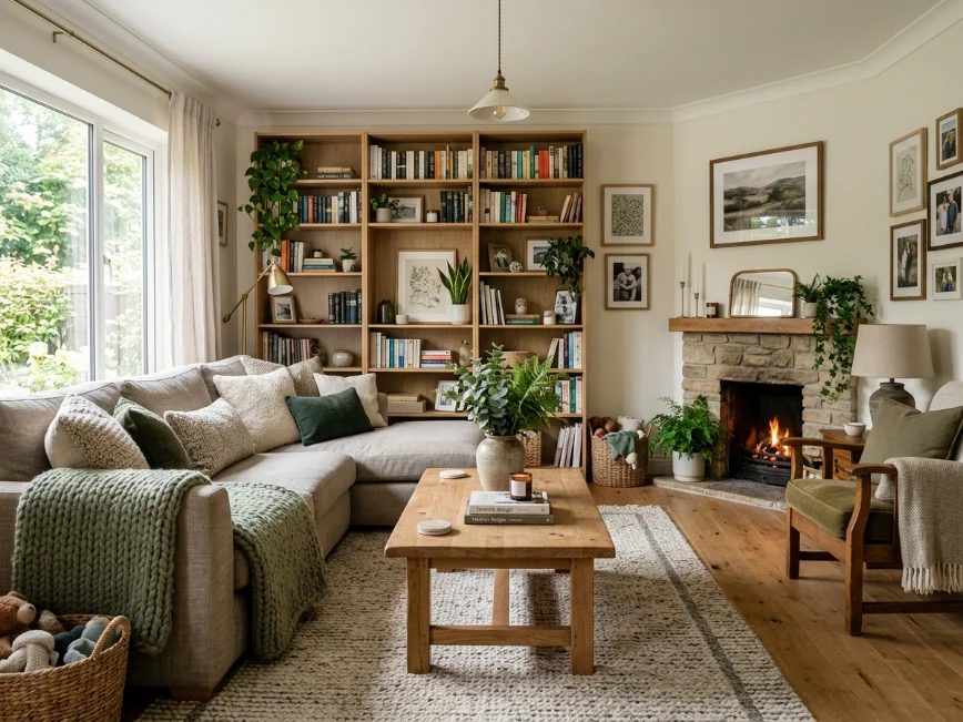 Living room with layered colors, textures, and warm natural decor.