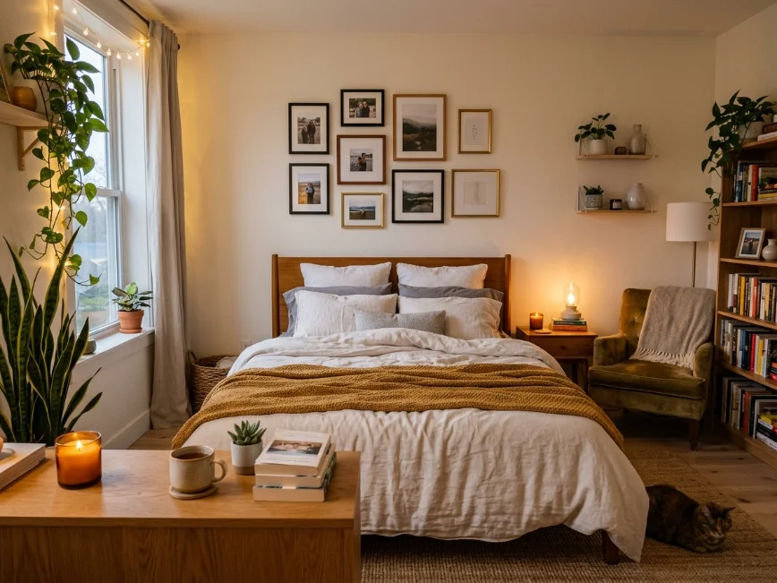 Personal couple bedroom with meaningful decor and cozy styling.