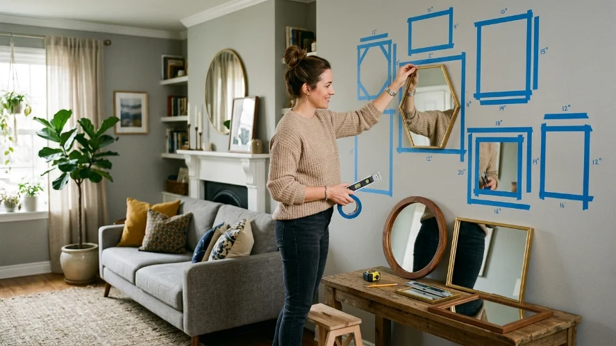DIY process of arranging a boho-inspired mirror gallery wall.