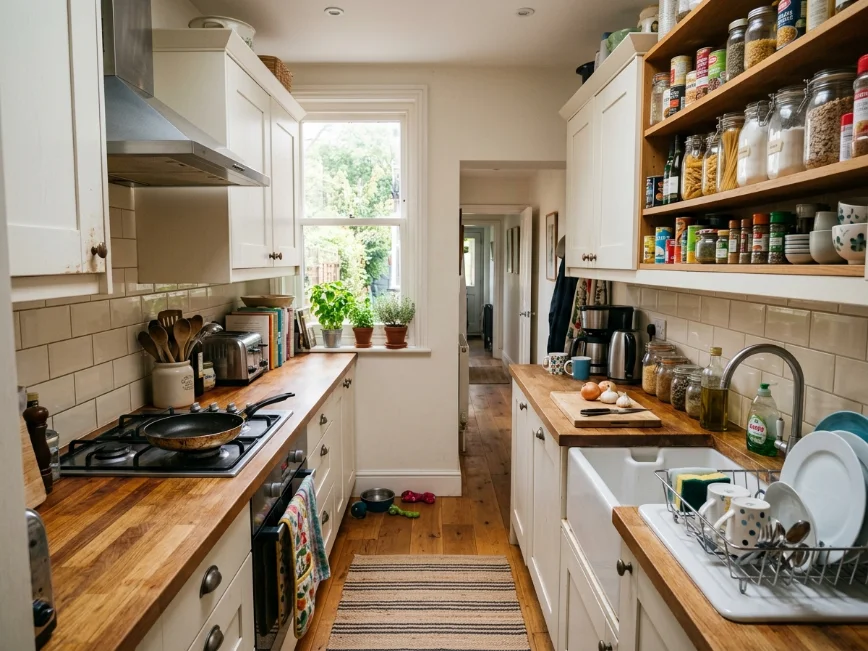 Small galley kitchen with practical everyday organization in a real home.