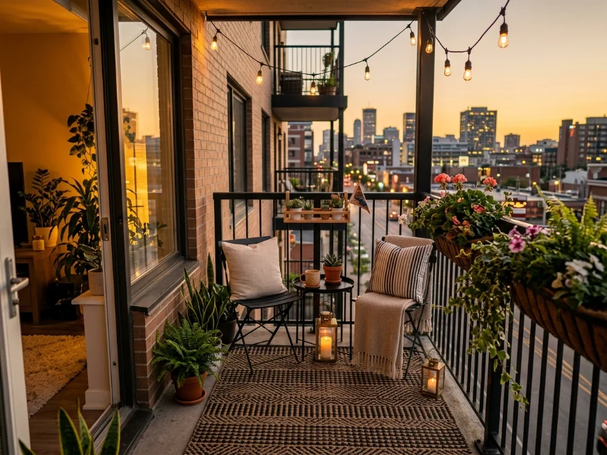 Small apartment balcony decorated with cozy budget-friendly outdoor furniture and string lights