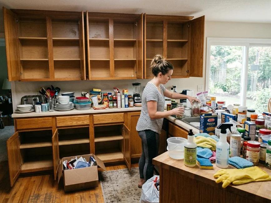 Kitchen cabinets emptied out during a full decluttering and organization session.