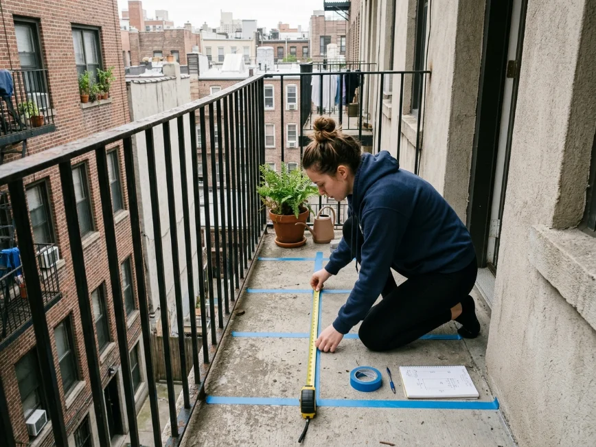 Measuring a small apartment balcony before buying furniture and decor