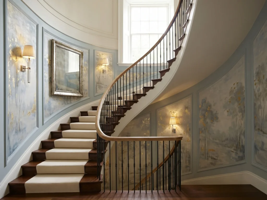 staircase decoration ideas with modern railing wall art lighting and stylish home interior design