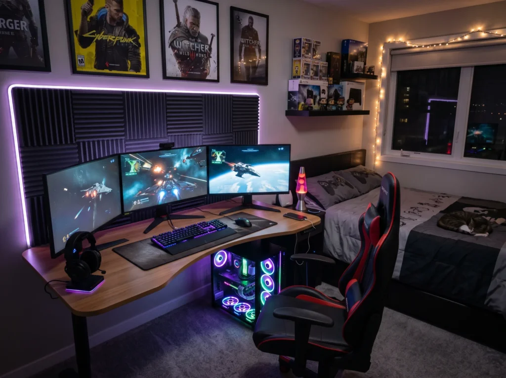 gaming room setup ideas with LED lights, modern desk, dual monitors and stylish gaming decor for an epic gaming space
