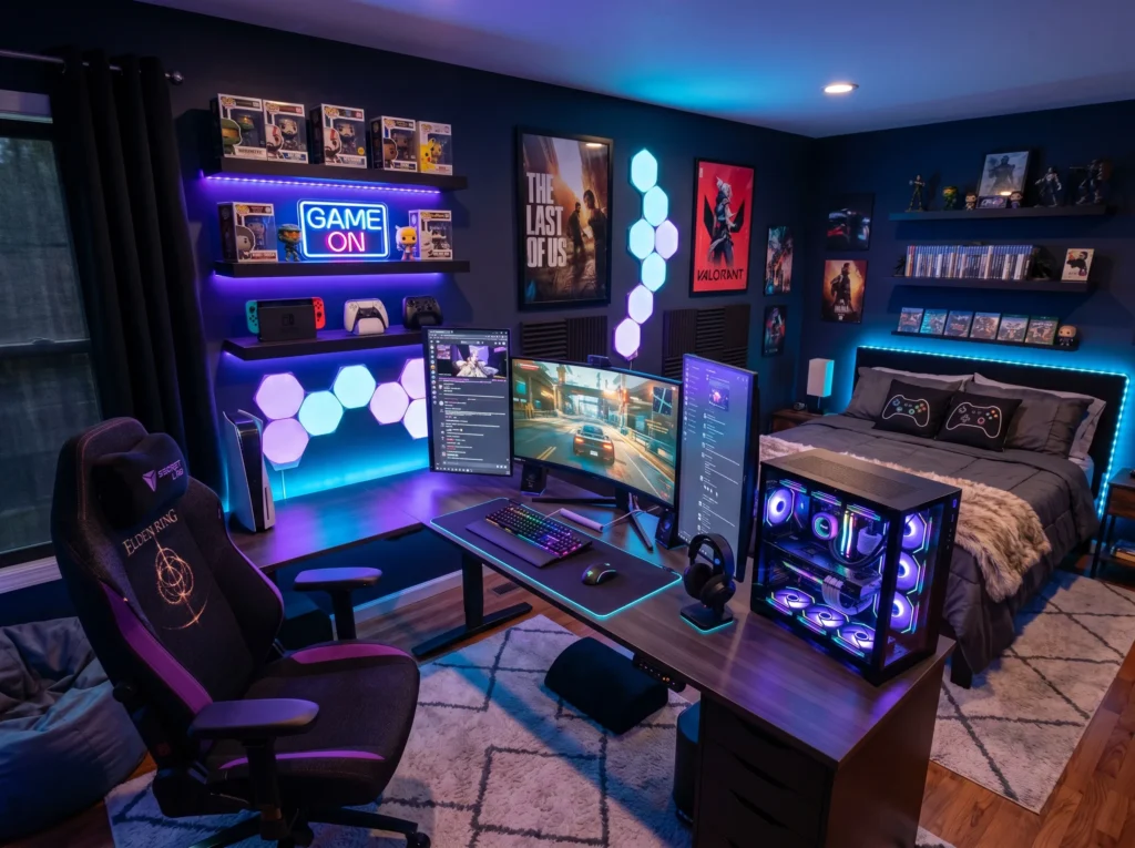 gaming room setup ideas with LED lights, modern desk, dual monitors and stylish gaming decor for an epic gaming space