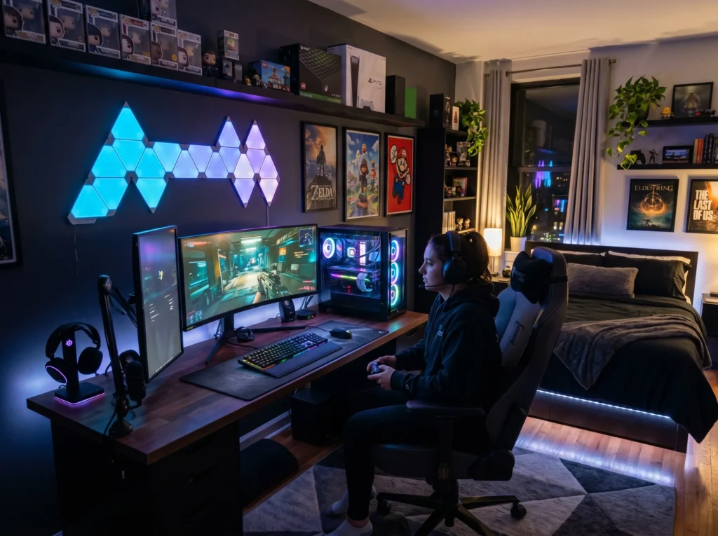 gaming room setup ideas with LED lights, modern desk, dual monitors and stylish gaming decor for an epic gaming space