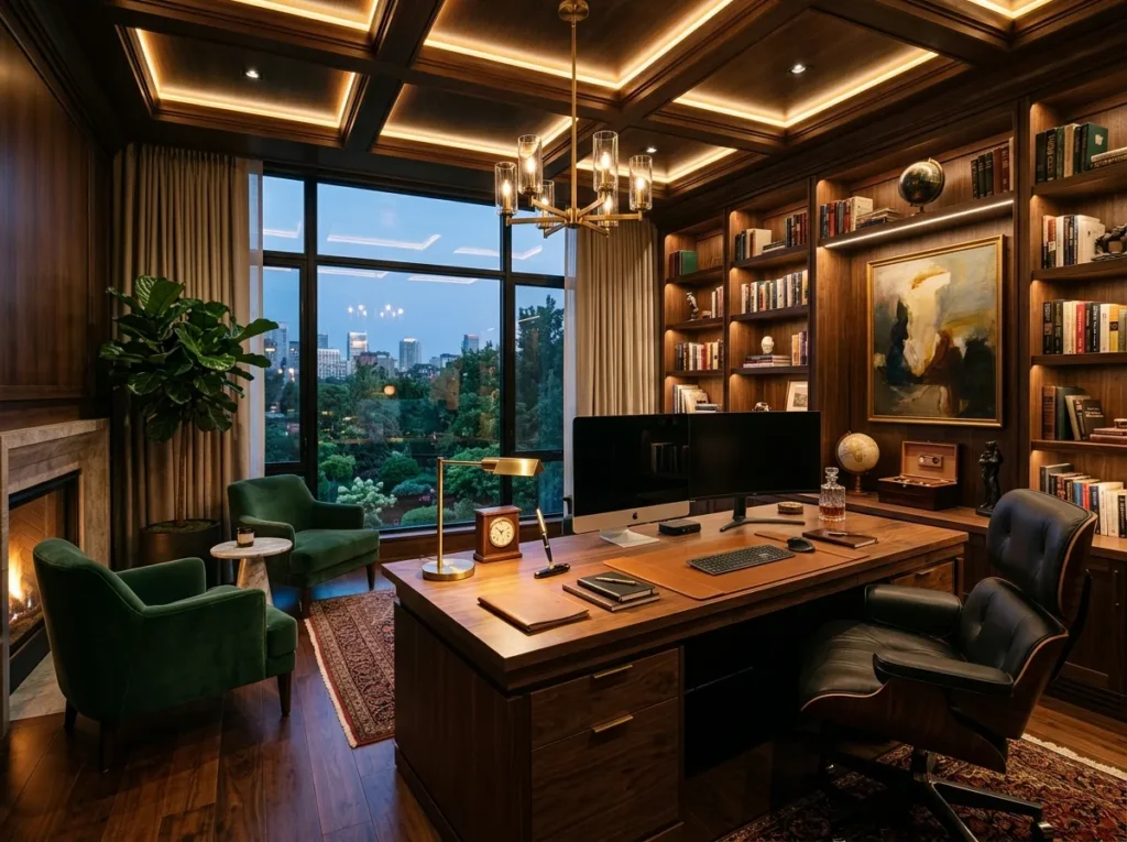 small home office ideas with modern desk setup, space-saving storage, and stylish workspace design