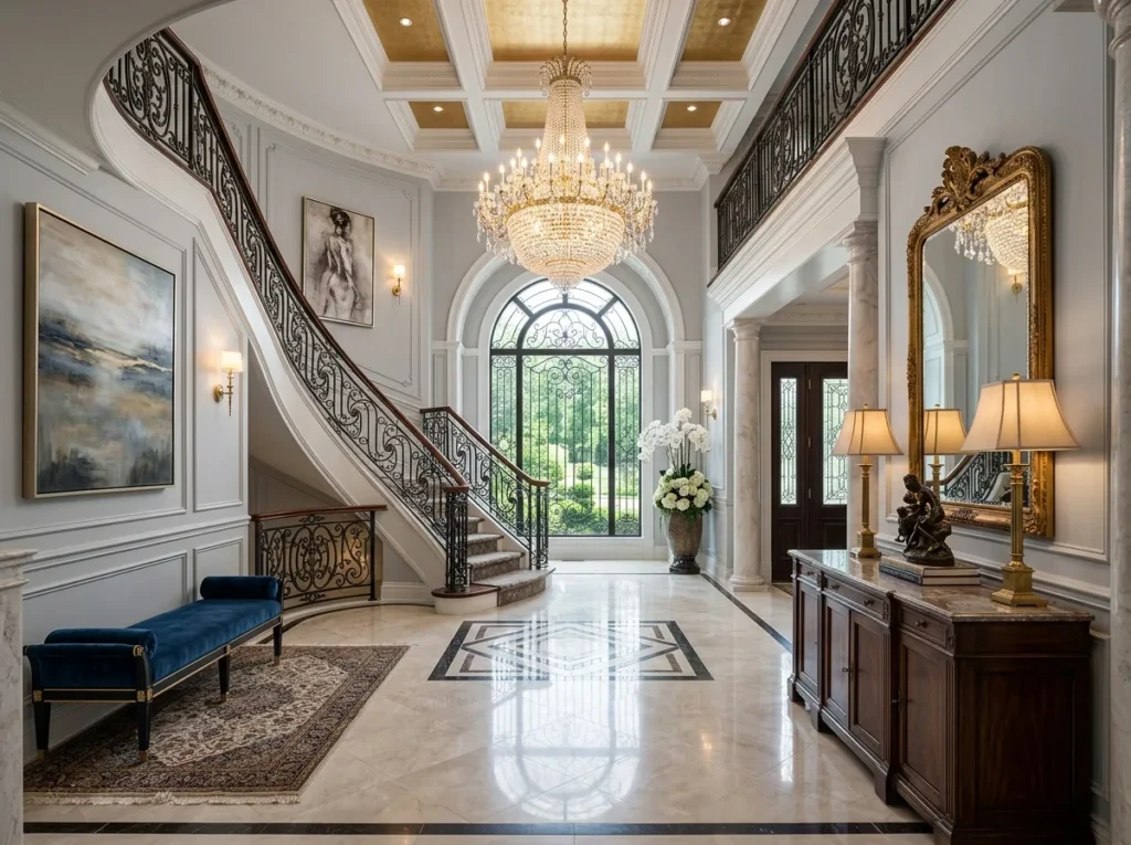 Luxury foyer decor ideas with modern entryway table, elegant lighting, stylish mirror, and cozy neutral home accents