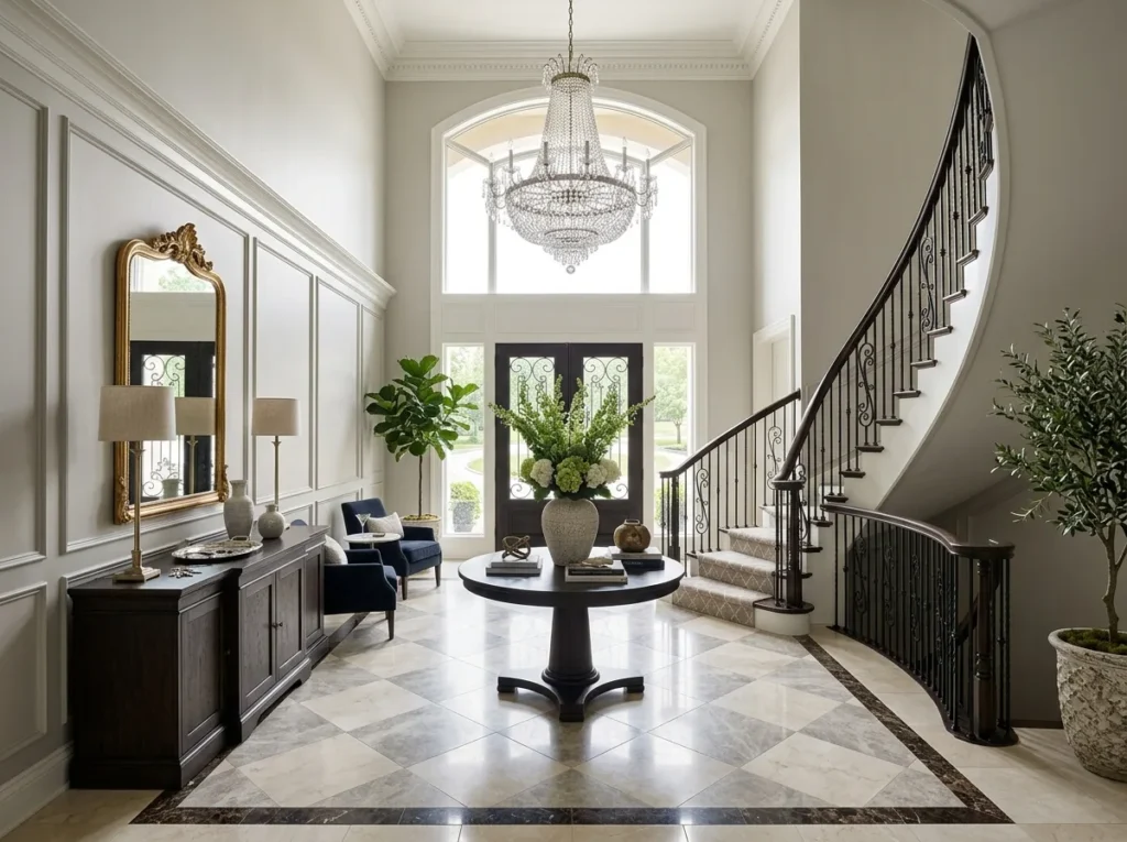 Luxury foyer decor ideas with modern entryway table, elegant lighting, stylish mirror, and cozy neutral home accents
