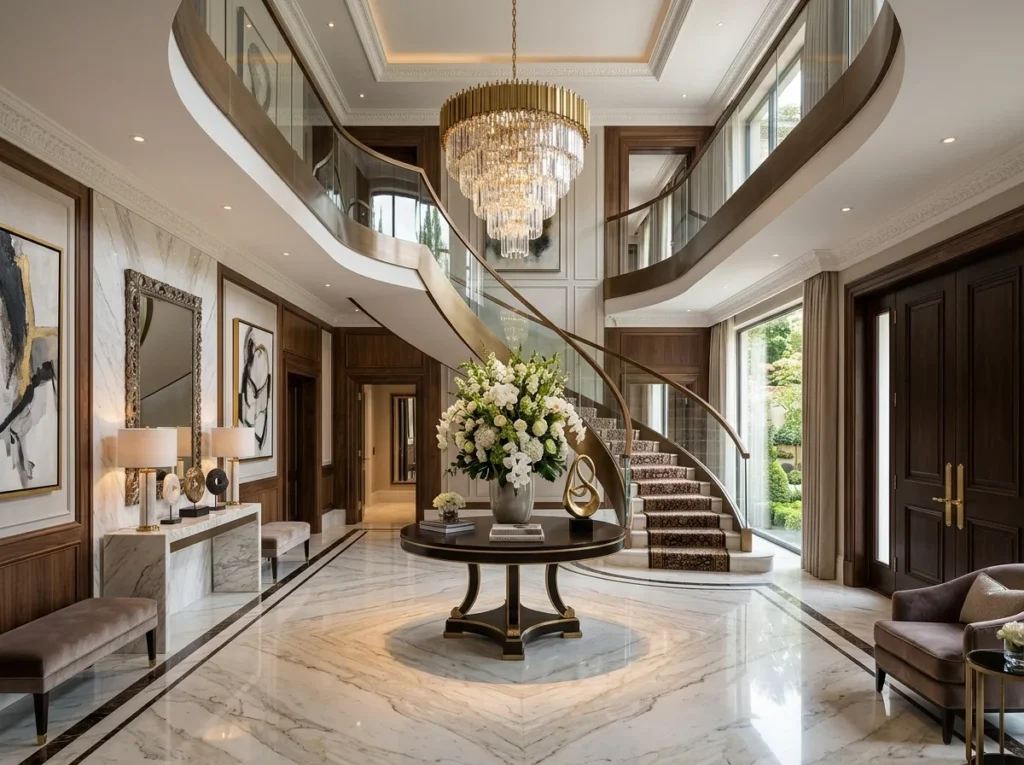 Luxury foyer decor ideas with modern entryway table, elegant lighting, stylish mirror, and cozy neutral home accents