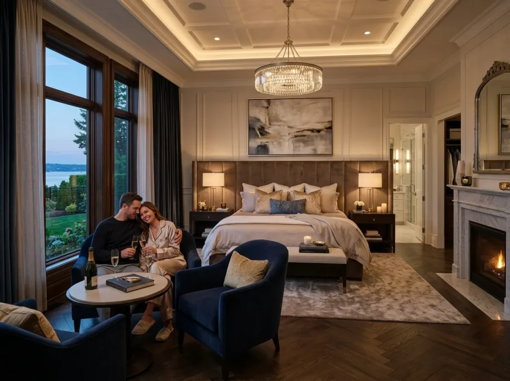 cozy romantic couple bedroom with warm lighting soft bedding and modern decor inspiration