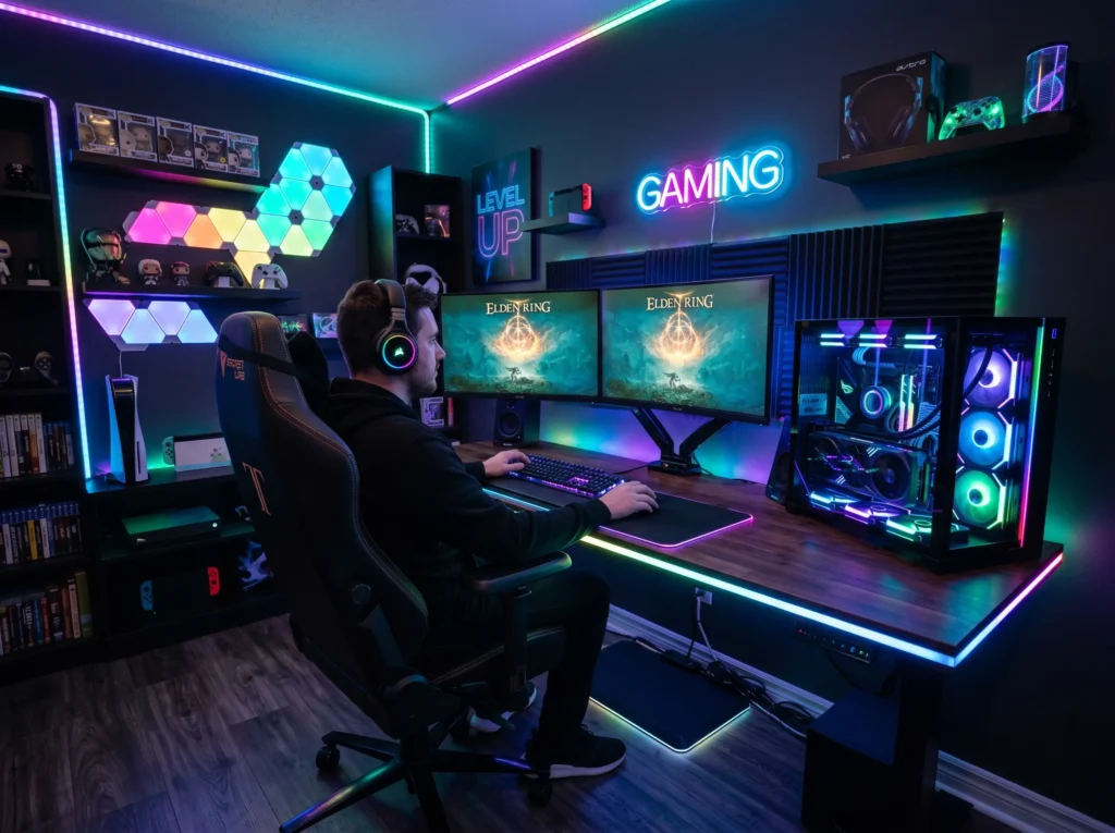 gaming room setup ideas with LED lights, modern desk, dual monitors and stylish gaming decor for an epic gaming space