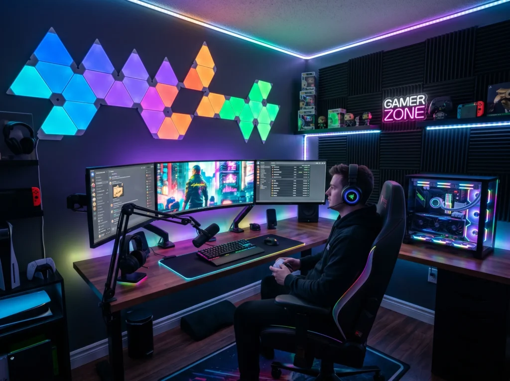 gaming room setup ideas with LED lights, modern desk, dual monitors and stylish gaming decor for an epic gaming space