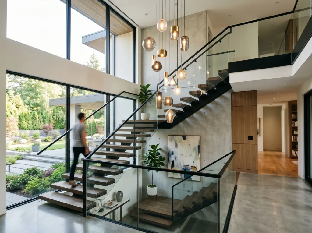staircase decoration ideas with modern railing wall art lighting and stylish home interior design