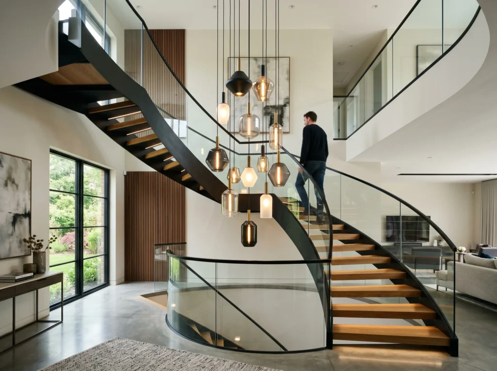 staircase decoration ideas with modern railing wall art lighting and stylish home interior design