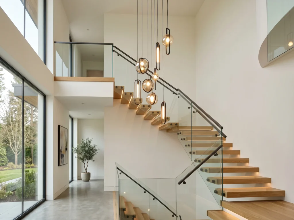 staircase decoration ideas with modern railing wall art lighting and stylish home interior design