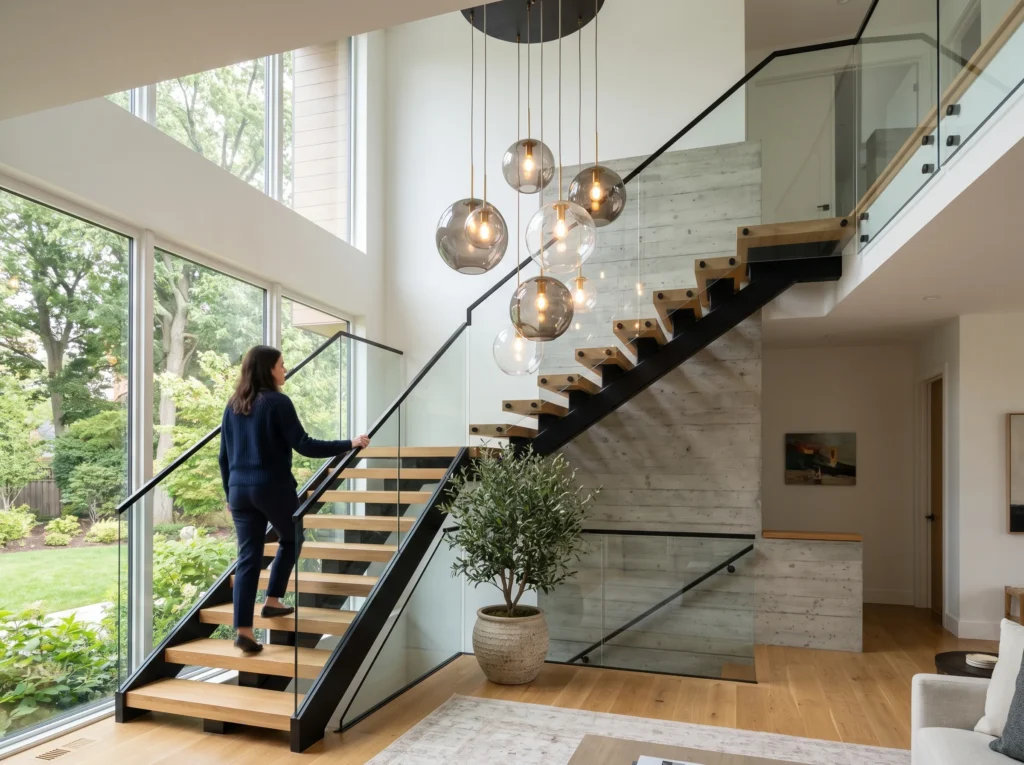 staircase decoration ideas with modern railing wall art lighting and stylish home interior design