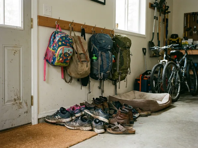 Tiny garage entry makeover with smart mudroom ideas, storage bench, wall hooks, baskets, and stylish organization for a small functional entryway.