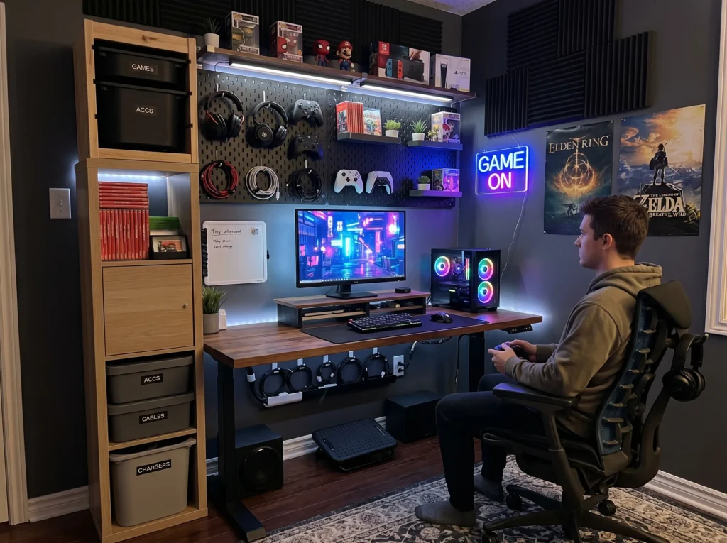 gaming room setup ideas with LED lights, modern desk, dual monitors and stylish gaming decor for an epic gaming space