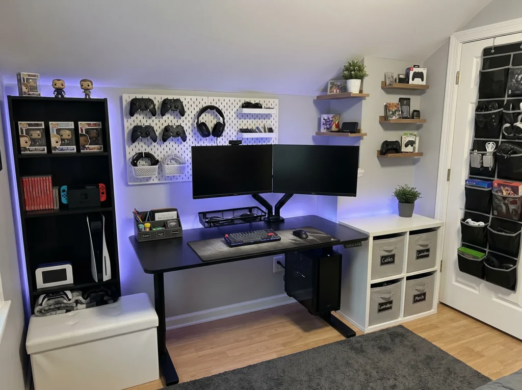 gaming room setup ideas with LED lights, modern desk, dual monitors and stylish gaming decor for an epic gaming space
