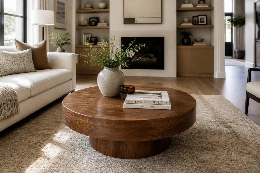 Round coffee table improving movement in a small living room