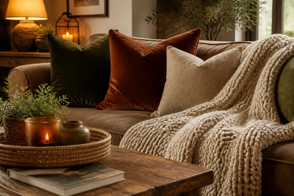 Layered textures including knit blankets, velvet pillows, and natural materials.
