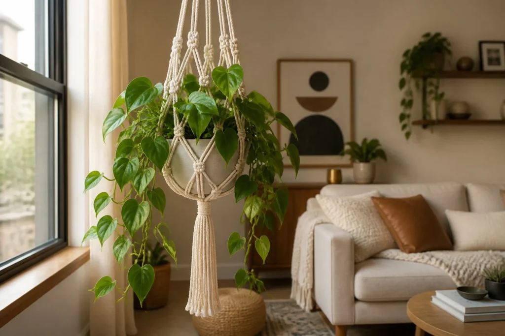 Hanging planter displaying a trailing indoor plant to save floor space.
