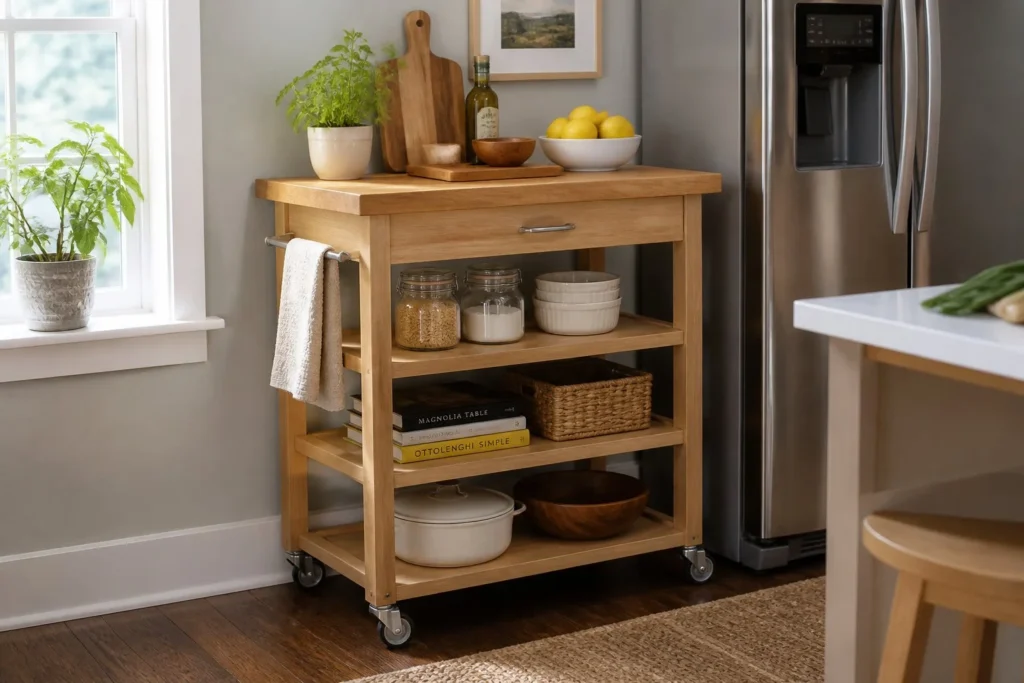 Rolling kitchen cart providing extra counter space and storage.