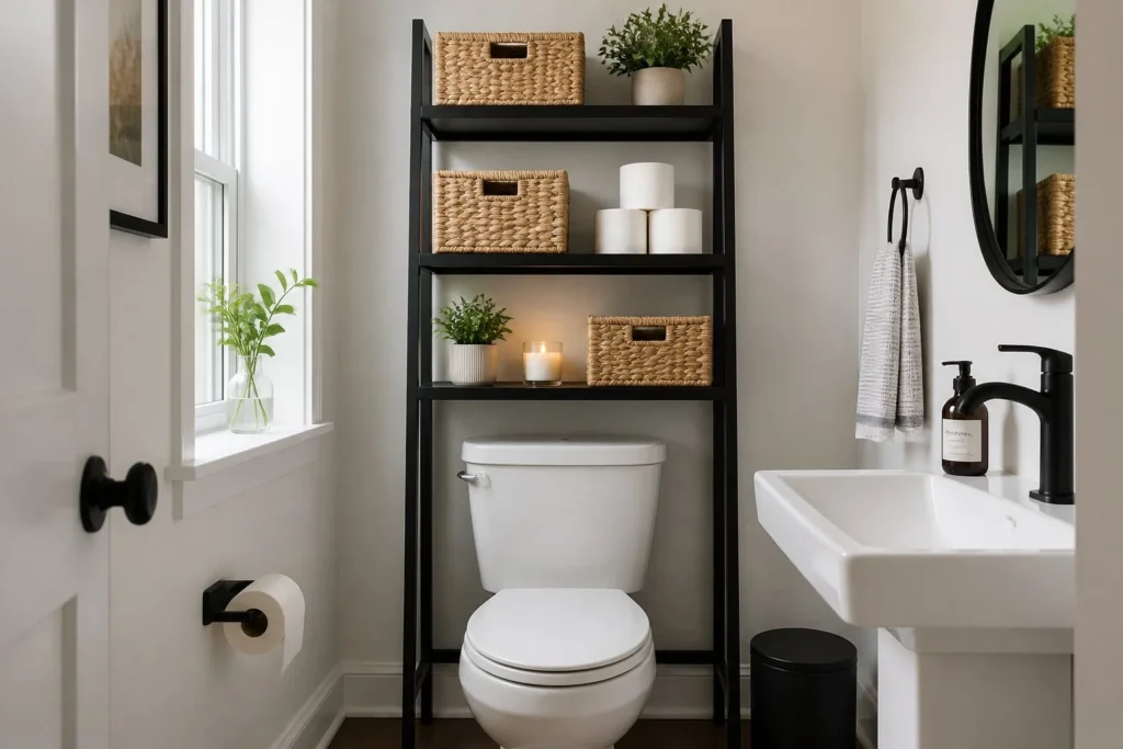 Over-the-toilet shelving unit adding storage and style to a small bathroom.
