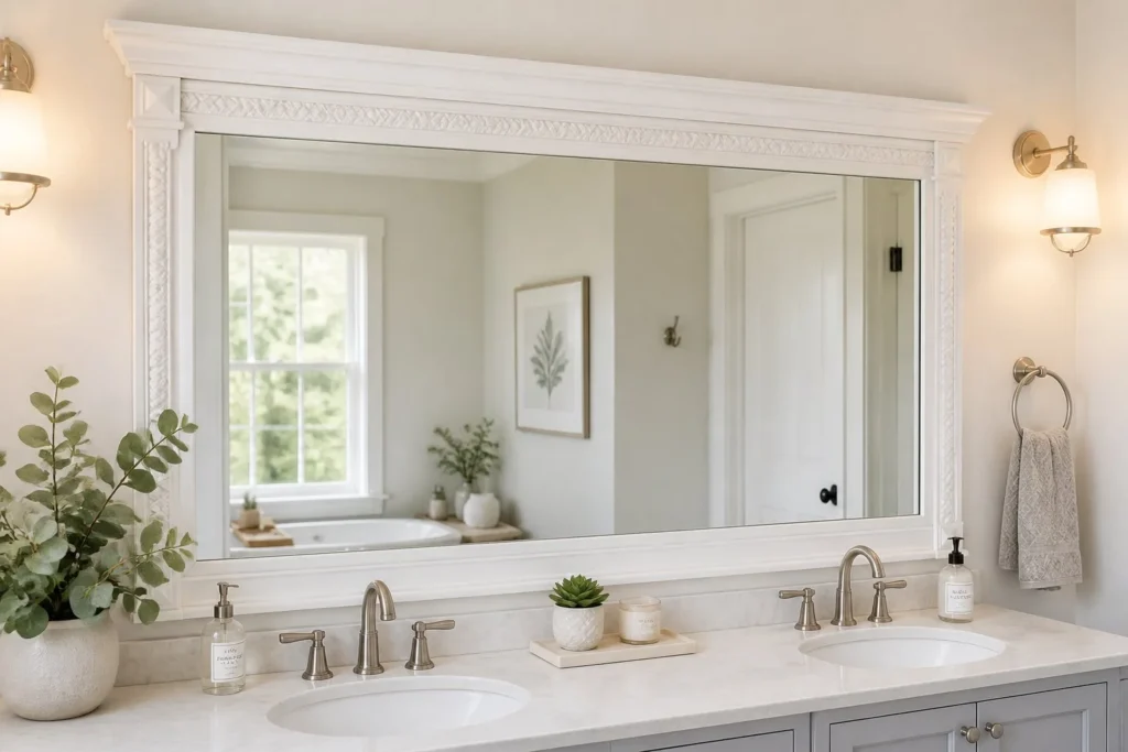 Framed bathroom mirror made from simple DIY materials.