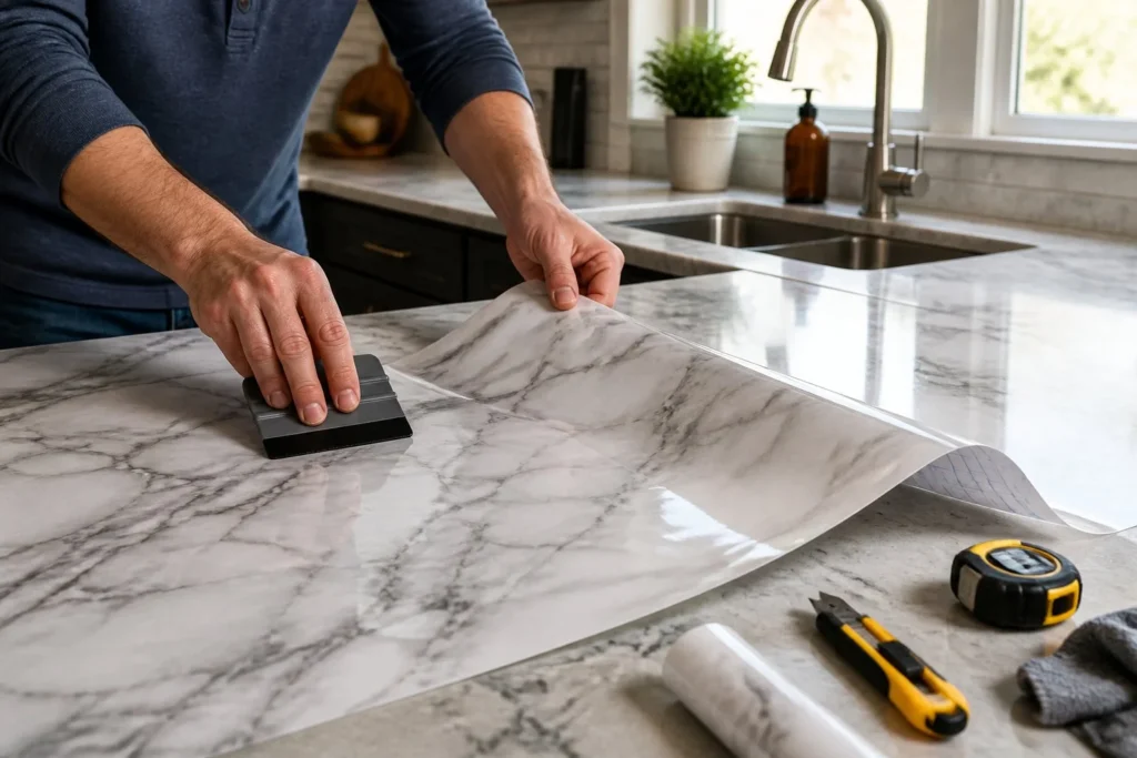 Applying peel-and-stick countertop film to a kitchen counter.