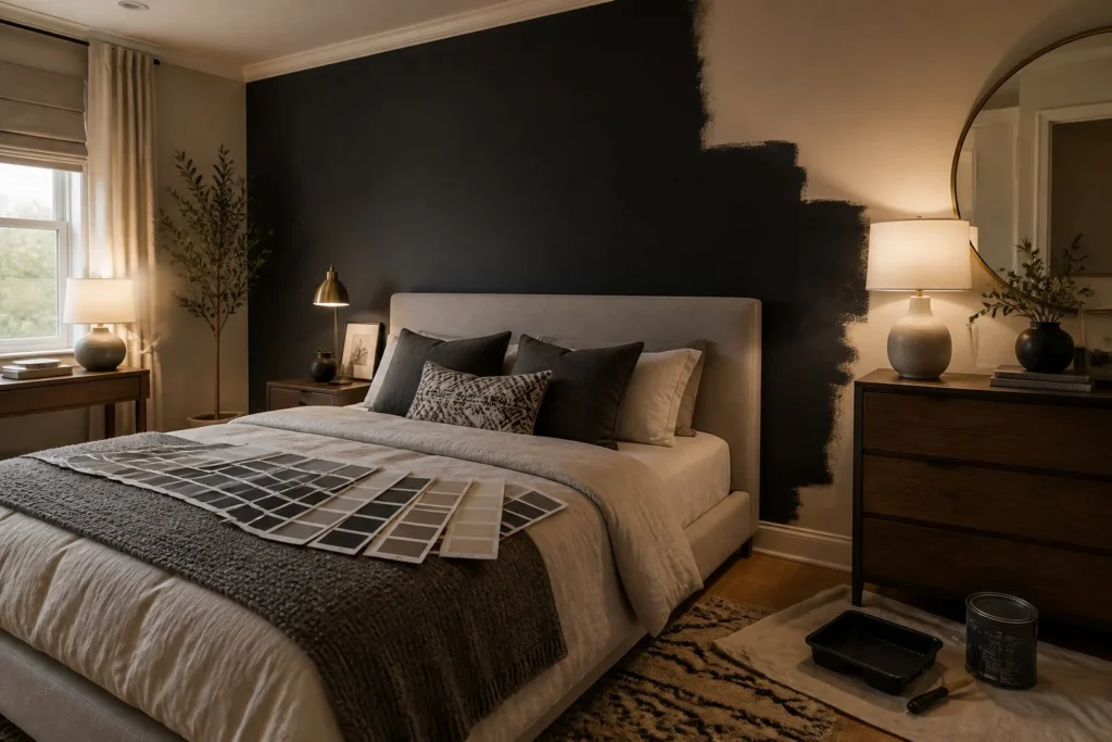 Bedroom makeover from beige walls to a dark moody color scheme.