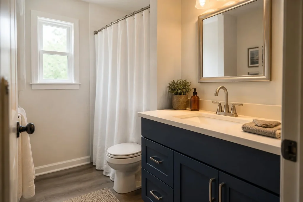Builder-grade bathroom before a budget-friendly makeover project.