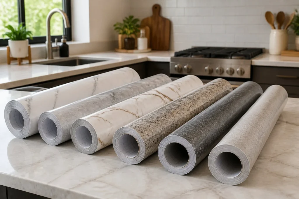 Different peel-and-stick countertop film options for renters.