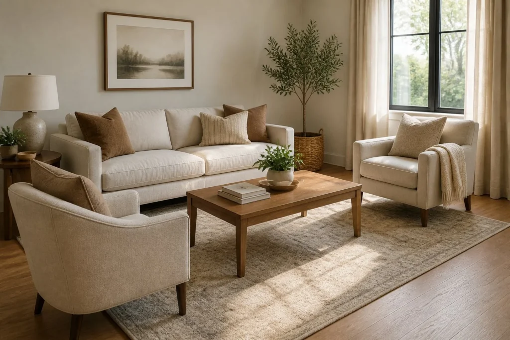 Large area rug correctly anchoring furniture in a small living room.