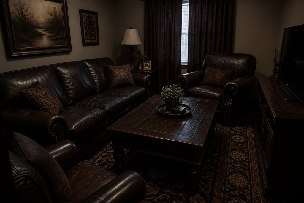 Dark furniture creating a heavy look in a compact living room.